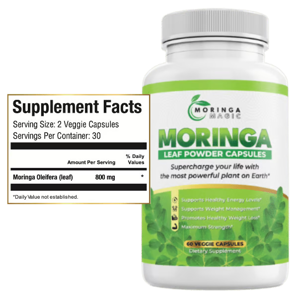 Moringa superfood capsules rich in nutrients and antioxidants